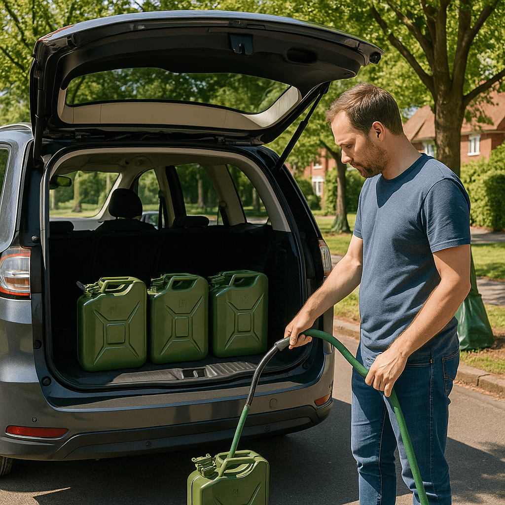 A person holding a hose near green jerry cans in the trunk of a car, surrounded by trees.